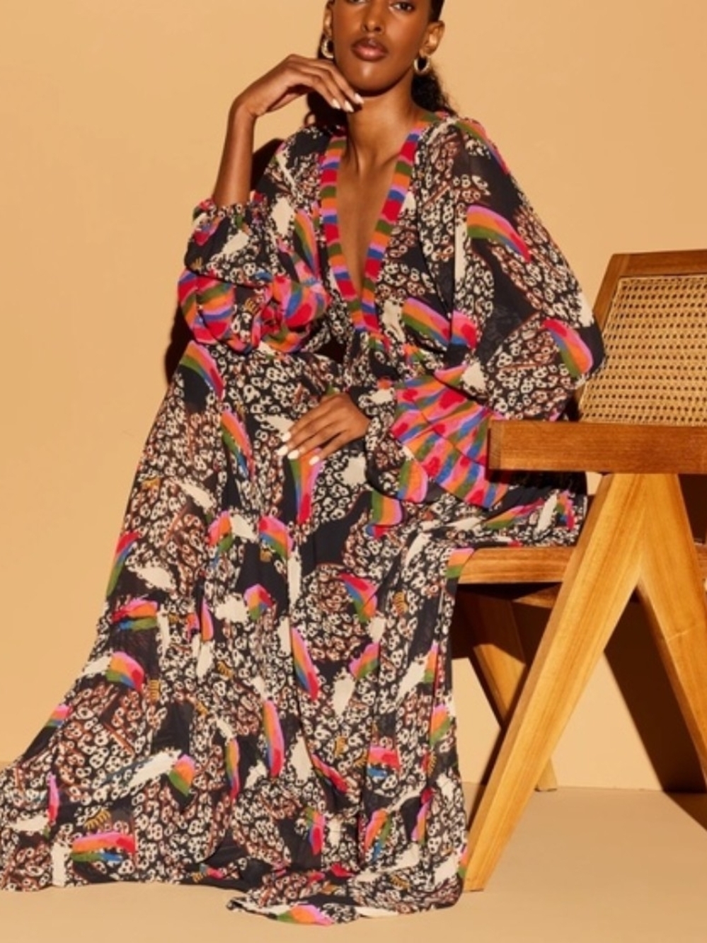 FARM Rio Leopard Toucans Boho Maxi Dress with Balloon Sleeves - Multicolor Small - Picture 3 of 10